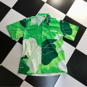 Vintage 70s Island Casuals Hawaiian Shirt Dagger Collar Mod Bright Vibrant Green